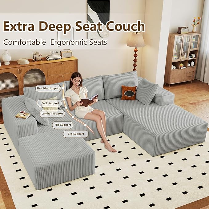 96" U-Shape Cloud Couch, Modern Modular Sectional L-Shape Sofa with Ottoman, Corduroy Upholstered Couches Deep Seat Chaise Longue for Living Room, No Assembly Required(Light Gray, Right Facing)