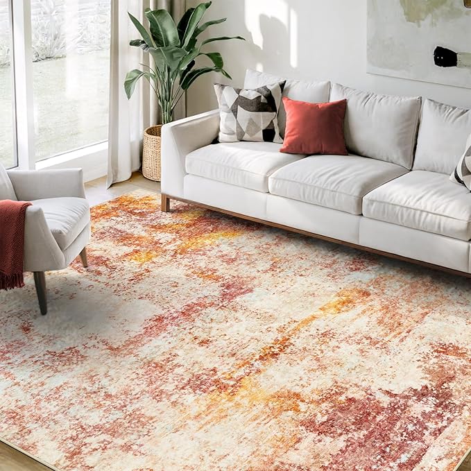 Area Rug Living Room Rugs - 5x7 Washable Modern Neutral Abstract Rugs Soft Low Pile No Slip Stain Resistant Rug Indoor Large Carpet for Bedroom Dining Room Nursery Room Home - Pink/Orange