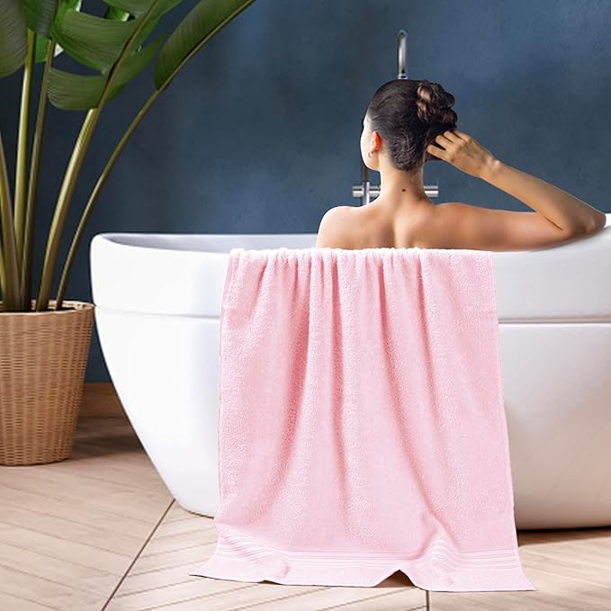 BOUTIQUO 100% Cotton 2 Pack Bath Towel Set 28x55 inches, Eco-Friendly Large Bath Towels, Compact Quickdry Lightweight Soft & Highly Absorbent Bath Towel, Ideal for Everyday Gym Travel Camp Pool - Pink