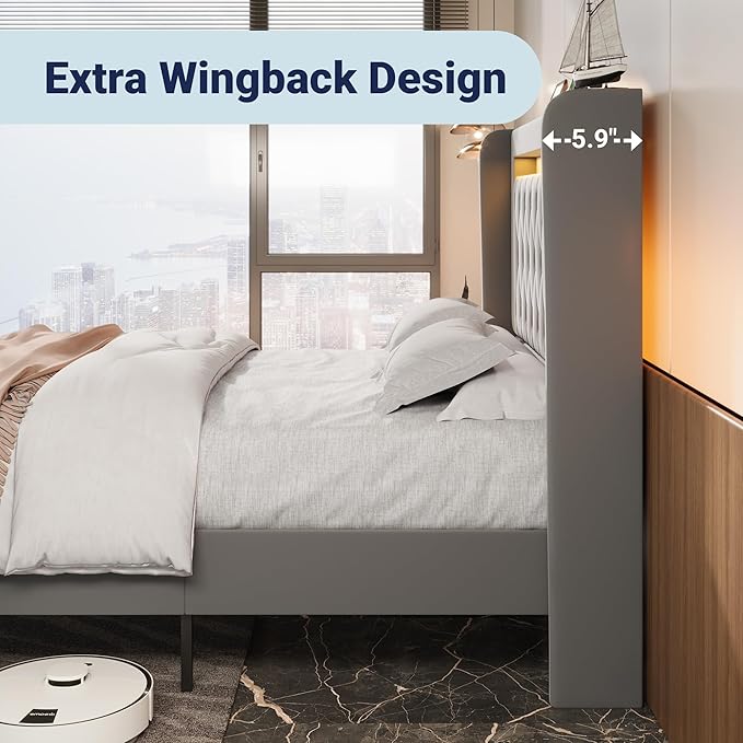 Allewie Upholstered King Size Platform Bed Frame with LED Light and Charging Station, Button Tufted High Headboard, Wingback Design, Noise Free, Easy Assembly, No Box Spring Needed, Grey