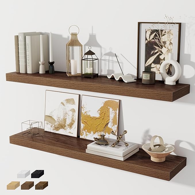 40" Floating Shelves for Wall, 8 Inch Deep Floating Shelf for Books, Deep Bathroom Shelves Wall Mounted, Rustic Display Shelf for Bathroom/Living Room/Bedroom/Kitchen Decor, Walnut Color, 2 Pack