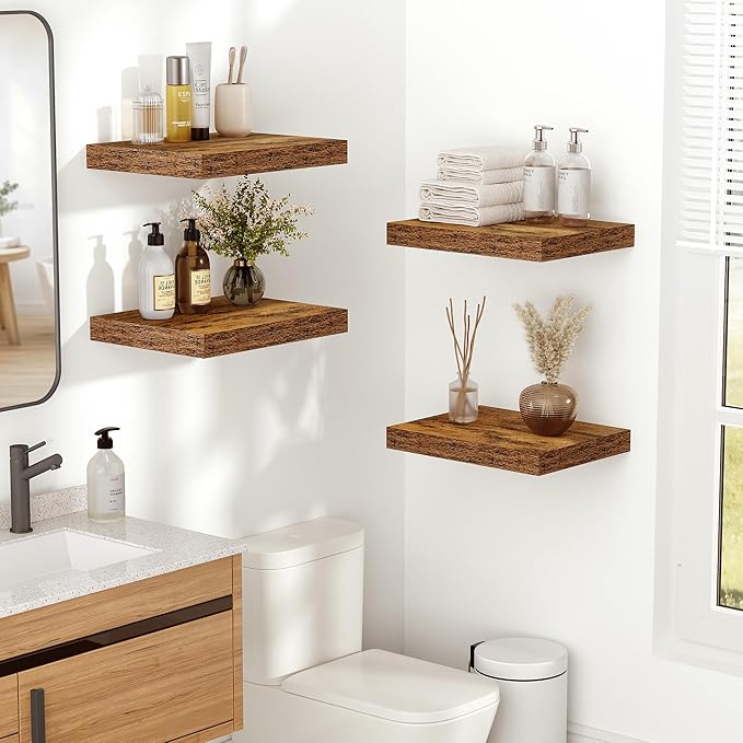 Vivelove 10 Inch Deep Floating Shelves 10 inch Long, 10 x 10 Wide Wall Shelves with Invisible Brackets, for Bedroom Bathroom Living Room Kitchen Office, Farmhouse Home Decor, Set of 2, Rustic Brown