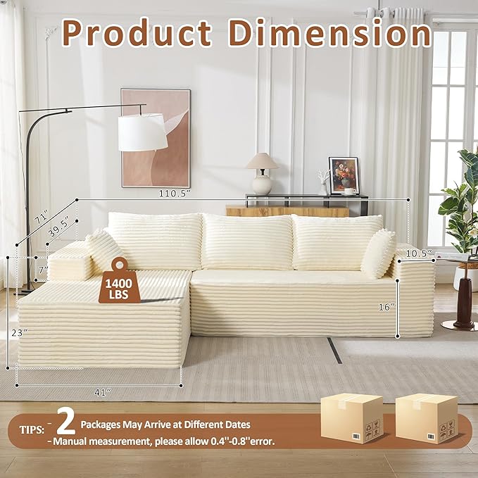 110" Boneless Sectional Couch with Chaise Lounge, Cloud Couch Compressed Sofa L Shape, No Assembly Memory Foam Sofa for Living Room, White Corduroy
