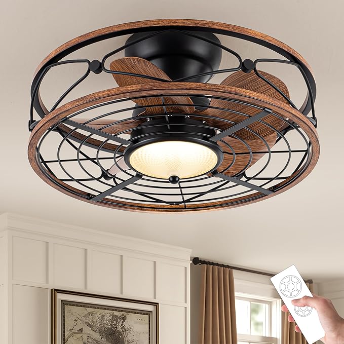 TIFEROR 20'' Low Profile Ceiling Fans With Light, Flush Mount Caged Ceiling Fan With Remote Control, Reversible Motor With Low Noise And Energy Efficient, 3 Color LED