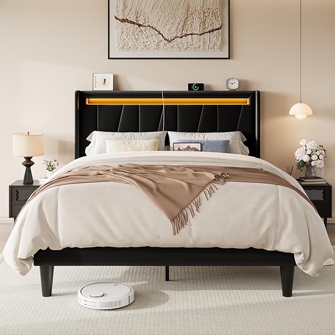 Allewie Queen Size LED Bed Frame with Charging Station, Velvet Upholstered Platform Bed with Geometric Wingback Headboard, Modern Frame with No Box Spring Needed, Easy Assembly, Black