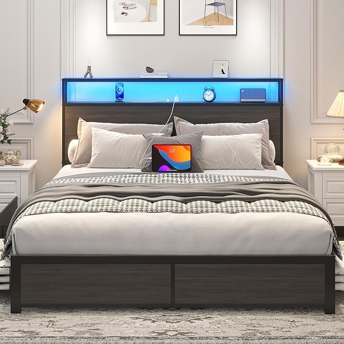 Lifezone Queen Bed Frame with 2-Tier Storage Headboard, Metal Platform Bed Frame with 4 Storage Drawers, Built in Charging Station & LED, Noise-Free/Metal Support/No Box Spring Needed, Rustic Grey