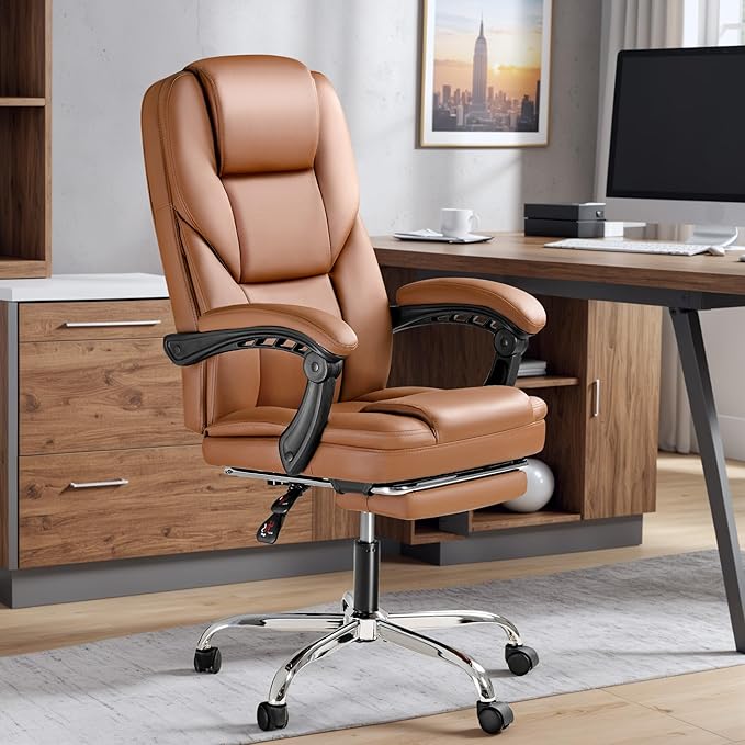 Furmax Executive Office Chair with Foot Rest Big and Tall Office Chair Ergonomic Home Office Desk Chairs Reclining High Back Leather Chair with Lumbar Support, 400LBS (Brown)