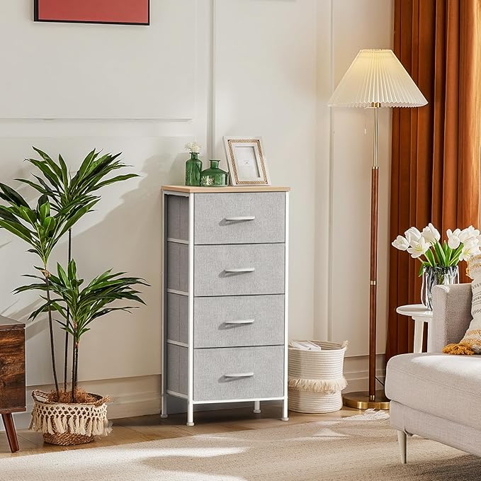 DUMOS Nightstand with 4 Drawers Bedside Table with Removable Fabric Bins Sturdy Steel Frame Wood Top Organizer Furniture for Bedroom Closet Living Room,Light Gray
