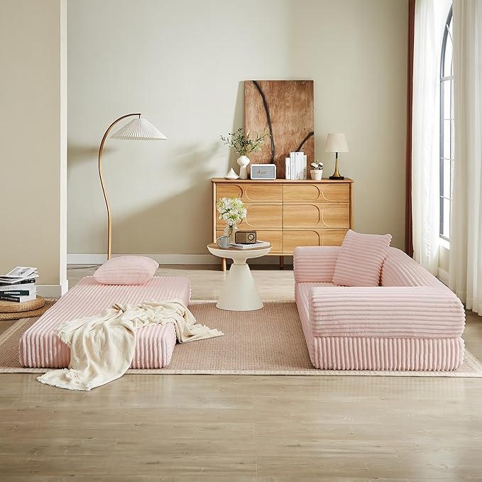 Boneless Couch Sofa Bed Sectional Couches for Living Room,Futon Cloud Couch with Sleeper Sofa,Sofas for Living Room Oversized Corduroy Upholstered (Pink)