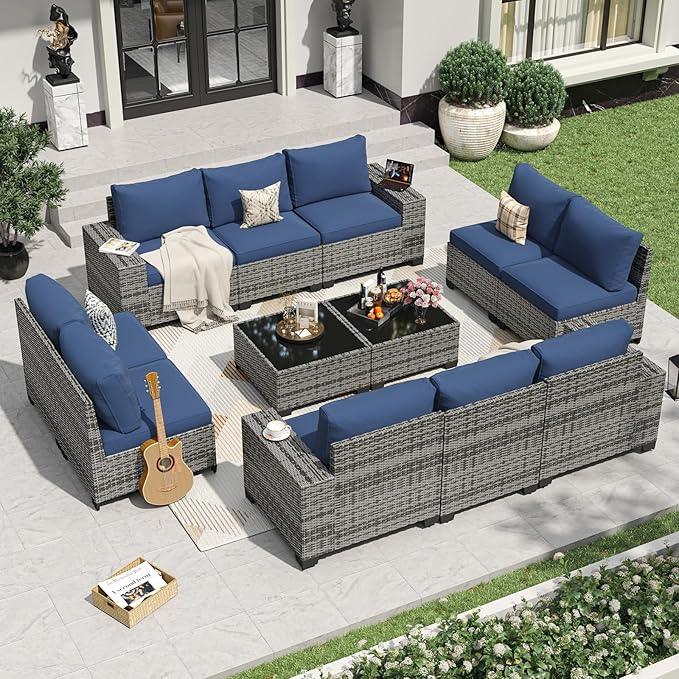 Aoxun 12 Pieces Patio Furniture Set Wicker Rattan Outdoor Sectional Conversation Set with Coffee Table and 4” Thickened Cushions, Gray Blue(Waterproof Cover Included)