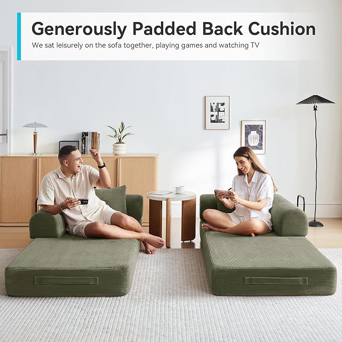 Sleeper Sofa, Comfy Convertible Folding Couch-Futon-Corduroy Fabric Sleeper Sofa Bed with 2 Pillow, Removable Soft Cushion for Small Living Room Dorm/Bedroom/College/Office (Light Green)