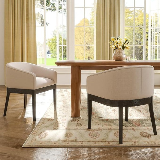 Beige Dining Chairs Set of 2 Mid-Century Modern Dining Chairs Linen Upholstered Kitchen Dining Room Chairs Curved Backrest Dining Chair with Black Wood Legs