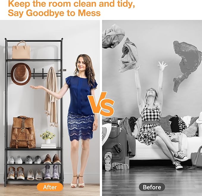 MDF Hall Tree with Bench, 4-in-1 Entryway Coat Rack with Storage Shelf & Shoe Organizer, Sturdy Freestanding Furniture for Living Room, Bedroom, Mudroom