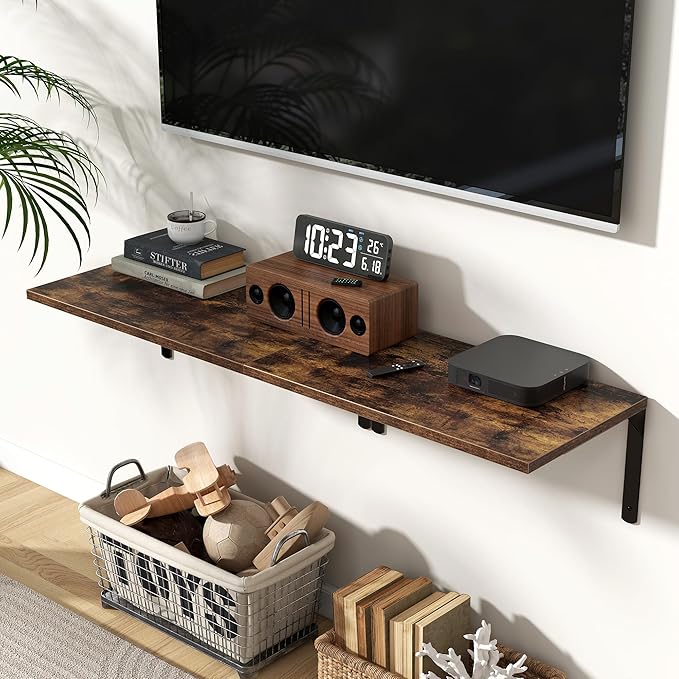 Floating Shelves for Wall, 12 Inch Deep Floating Shelves Set of 2, Wall Mounted Shelf with Metal Brackets, Rustic Wood Shelf for Bathroom, Kitchen and Living Room, Rustic Brown, 24W x 12D