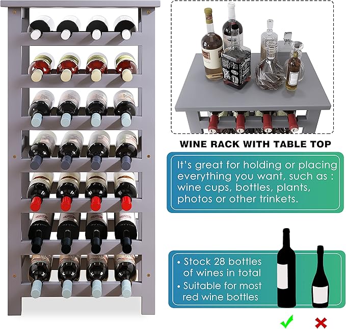 SMIBUY Bamboo Wine Rack, 28 Bottles Display Holder with Table Top, 7-Tier Free Standing Storage Shelves for Kitchen, Pantry, Cellar, Bar (Grey)
