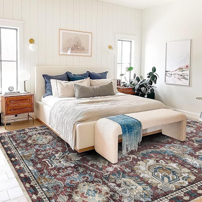 RUGSURE Washable Area Rugs - Perfect for Living Room, Bedroom, Kids Room, Nursery - Stain & Water Resistant Non-Slip, Pet & Child Friendly, Vintage Tribal Area Rugs (Rust and Bule, 9' x 12')