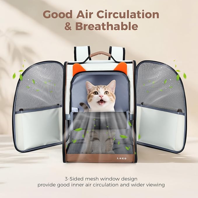 Lekereise Cat Backpack Carrier, Pet Carrier Backpack Airline Approved for Small Dogs Medium Cats Fit Up to 18 Lbs, Dogs Foldable Backpack Carrier for Travel, Hiking, Beige-Orange Ears