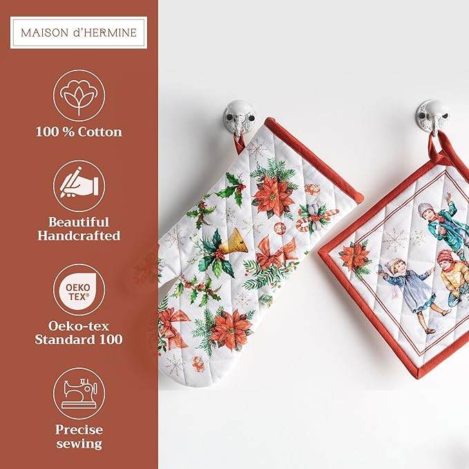 Maison d' Hermine 100% Cotton Oven Mitt & Pot Holder Set (7.5"x13" & 8"x8") Heat Resistant BBQ Cooking Gloves with Loop for Thanksgiving Christmas Decorations Handling Hot Pans (Chromo)