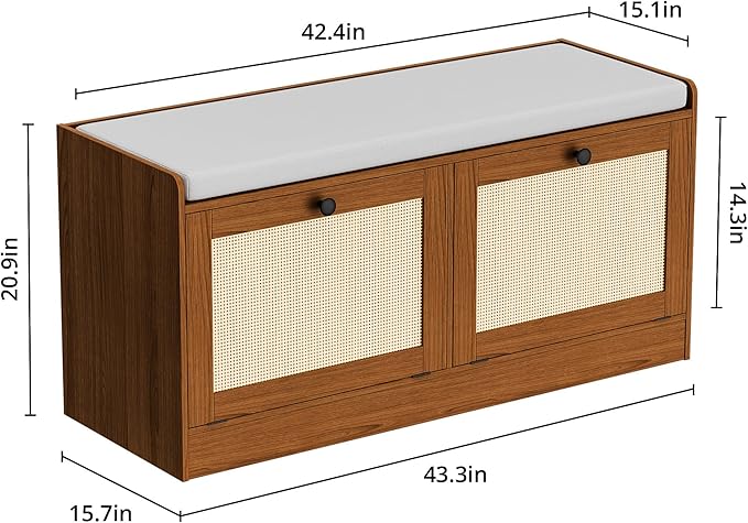 MHOM Rattan Shoe Bench for Entryway, Hallway and Bedroom - Boho Bench with Storage Cabinets and Seat Cushion - Wooden Storage Bench Fits up to Size 16, Brown