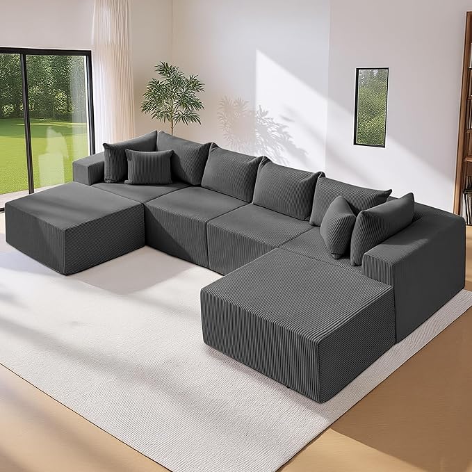 Oversize 131” Boneless Couch for Living Room, Comfort U Shaped Cloud Couch Sectional, Extra Deep Seats Corduroy Modular Sectional Sofa No Assembly,Grey