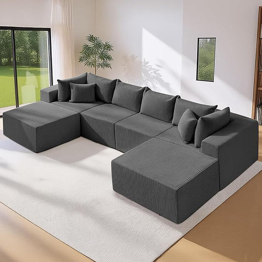 Oversize 131” Boneless Couch for Living Room, Comfort U Shaped Cloud Couch Sectional, Extra Deep Seats Corduroy Modular Sectional Sofa No Assembly,Grey