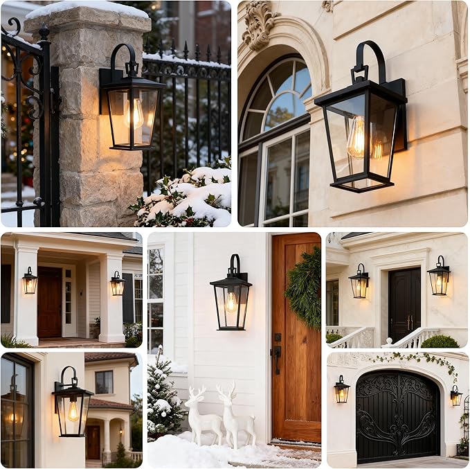 Kalium Outdoor Wall Lights Fixtures Lantern Frame 16 1/8", Outside Lights Black Transitional Durable Metal, Clear Glass for Post Exterior Barn Deck House Porch Yard Patio Garage Garden