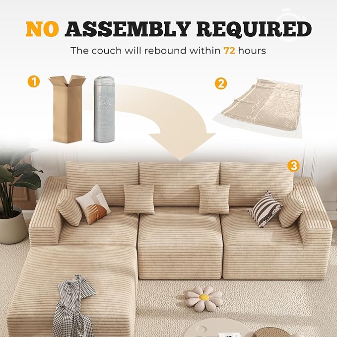 113" Modular Sectional Sofa, Convertible L-Shaped Cloud Couches for Living Room with Ottoman, 4 Seater Corduroy Boneless Couch Sofa Set, No Assembly Required, Khaki 1 PCS