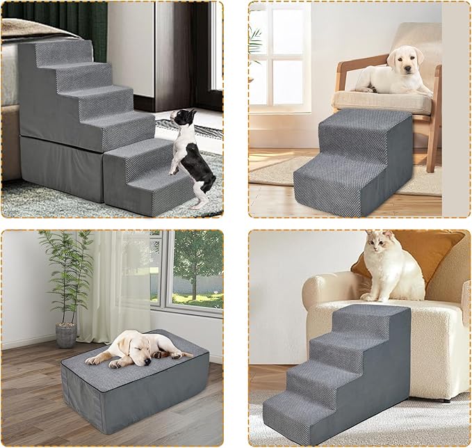 30 Inch Dog Stairs&Steps- 6 Steps for High Beds 30-36" High, Non Slip Foam Ramp for Small Dogs/Cats & Older Pets Grey