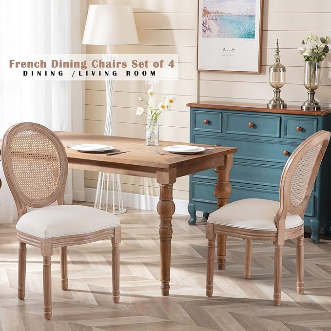 Nrizc French Country Dining Chairs Set of 4, Farmhouse Fabric Chairs with Round Back, Rattan Dining Chair, Oval Side Chairs for Dining Room/Living Room/Kitchen/Restaurant