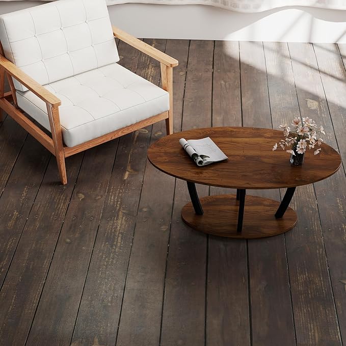 Manora Rustic Small Oval Coffee Table for Living Room, Narrow Wood Center Table with Shelf, Retro Style Coffee Table with Curved Metal Legs, Stable and Easy Assembly, Rusric Brown