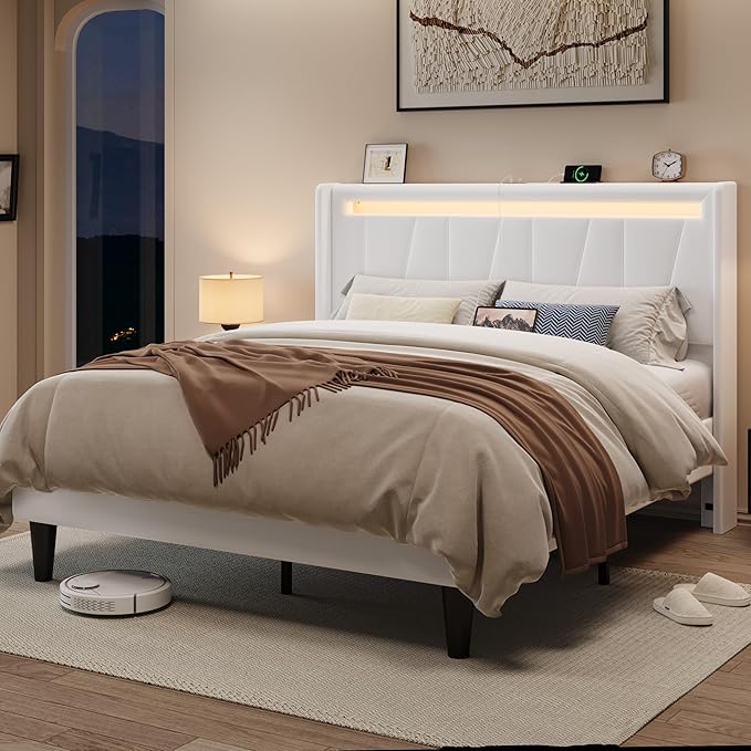 Allewie Full Size LED Bed Frame with Charging Station, Velvet Upholstered Platform Bed with Geometric Wingback Headboard, Modern Frame with No Box Spring Needed, Easy Assembly, White