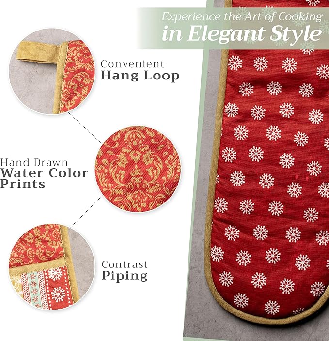 Maison d' Hermine Double Oven Mitt (7" x 35") 100% Cotton Heat Resistant BBQ Cooking Gloves with Loop for Thanksgiving Christmas Decorations Baking Cooking Barbeque Handling Hot Pan (Sofia)