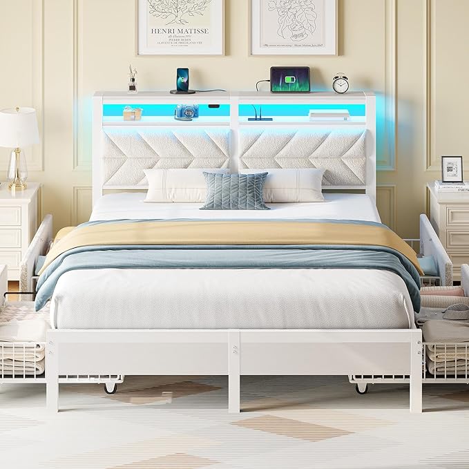 Seventable Full Size Bed Frame with 4 Storage Drawers, Charging Station & LED Lights, Upholstered Headboard with 2-Tier Shelves, Metal Platform Bed, No Box Spring Needed, Noise-Free, White