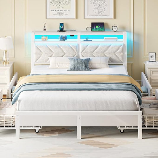 Seventable Queen Bed Frame with 4 Storage Drawers, Charging Station & LED Lights, Upholstered Headboard with 2-Tier Shelves, Metal Platform Bed, No Box Spring Needed, Noise-Free, White