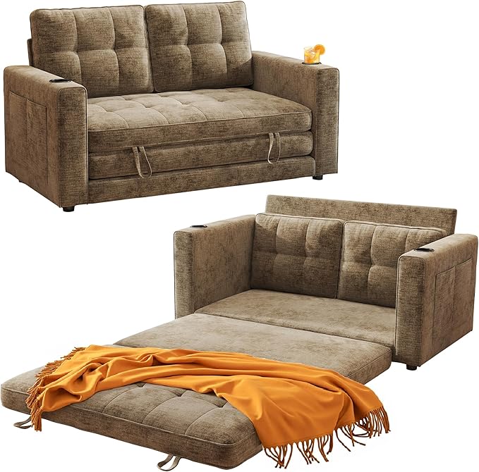 WorthFurni Convertible Sofa Bed, Folding Sofa Bed 2 in1 Pull Out Loveseat Sleeper Sofa, Floor Sofa Bed for Small Spaces Folding Couch Bed with Pillows for Living Room Bedroom - Brown