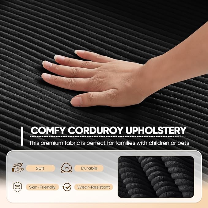 Antetek Convertible Sofa Bed, Comfy Corduroy Fluffy Love seat Sleeper Sofa, 5 in 1 Folding Couch Bed, Fold Out Floor Couch with Pillows for Bedroom, Living Room, Office, Pinstripe, Black