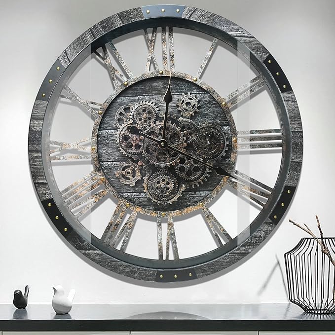 DORBOKER 36" Extra Large Wall Clock with Moving Gears, Oversized Giant Industrial Steampunk Rustic Clocks for Wall Decor Living Room Home Office, Solid Wood Retro Metal,Carbon Grey