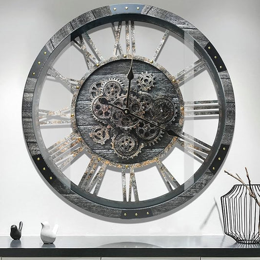 DORBOKER 36" Extra Large Wall Clock with Moving Gears, Oversized Giant Industrial Steampunk Rustic Clocks for Wall Decor Living Room Home Office, Solid Wood Retro Metal,Carbon Grey