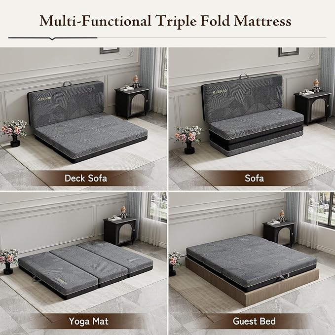 Tri Folding Mattress Queen Size - Memory Foam Tri-fold Handle & Non-Slip Bottom, Portable Foldable Sofa Bed Floor Chair for Travel RV Camping Guest Yoga - 6 Inch, 78"x58"x6"