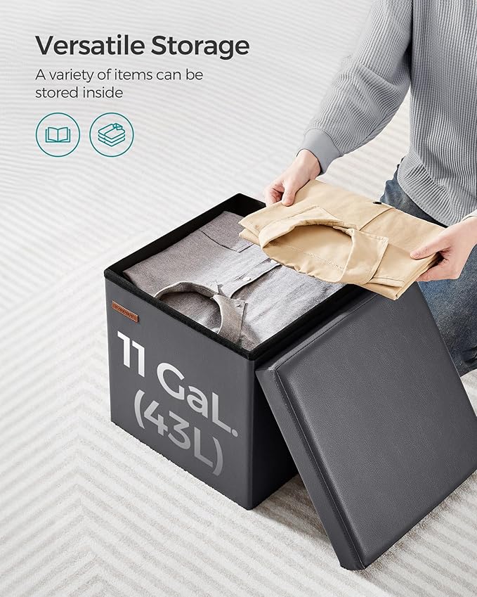 SONGMICS Mazie Collection - 15 Inches Ottoman with Storage, Footstool, Storage Ottoman, Load 660 lb, for Dorm, Living Room, Bedroom, Synthetic Leather, Dark Gray ULSF010G01