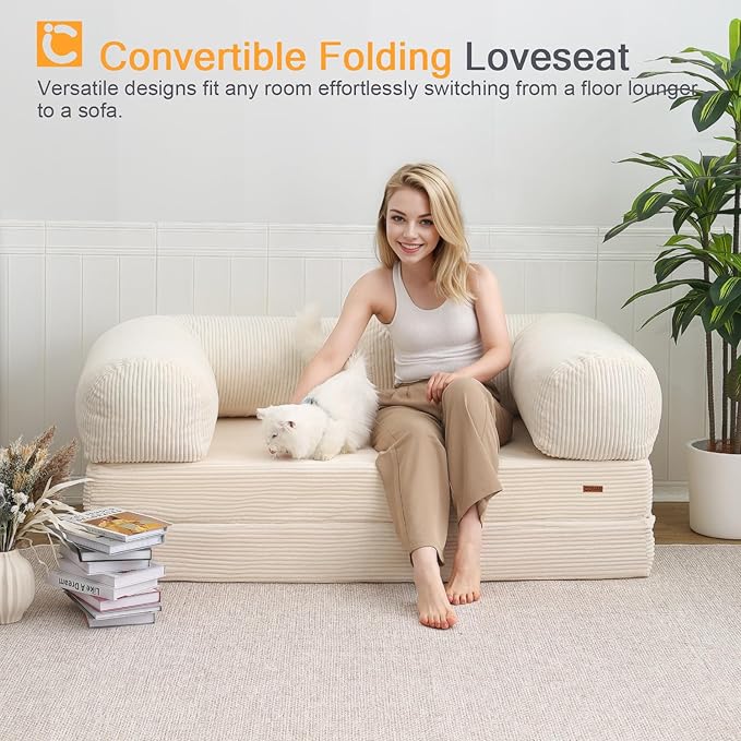 COMAX 4‑in‑1 Futon Sofa Bed Queen – Floor Foldable Convertible Sofa Couch with L‑Shaped Armrests, Removable Cover, Convertible Guest Bed | Space‑Saving Fold‑Out Mattress Lounge for Living Room, Beige