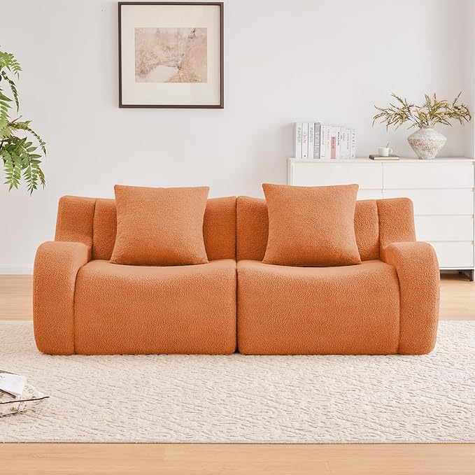 Orange Cloud Couch Loveseat, Modern Teddy Fabric Boneless Sectional Sofa in a Box for Living Room, Modular Floor Couch, No Assembly Required, Sofas para Sala