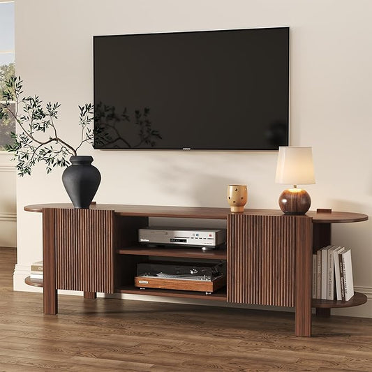 65 Inch TV Stand for Up to 75 inch TVs, Fluted Entertainment Center with Adjustable Shelve, Curved Round Corner TV Console Table with Storage Cabinet for Living Room, Bed Room (Walnut Color)