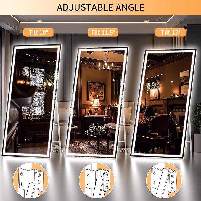 Hasipu Full Length Mirror with Lights, 95" x 40" LED Lighted Floor Standing Mirror, Full Body Dressing Hanging Mounted Mirrors, Dimmable, Tempered Glass, Safe to Use, Square White