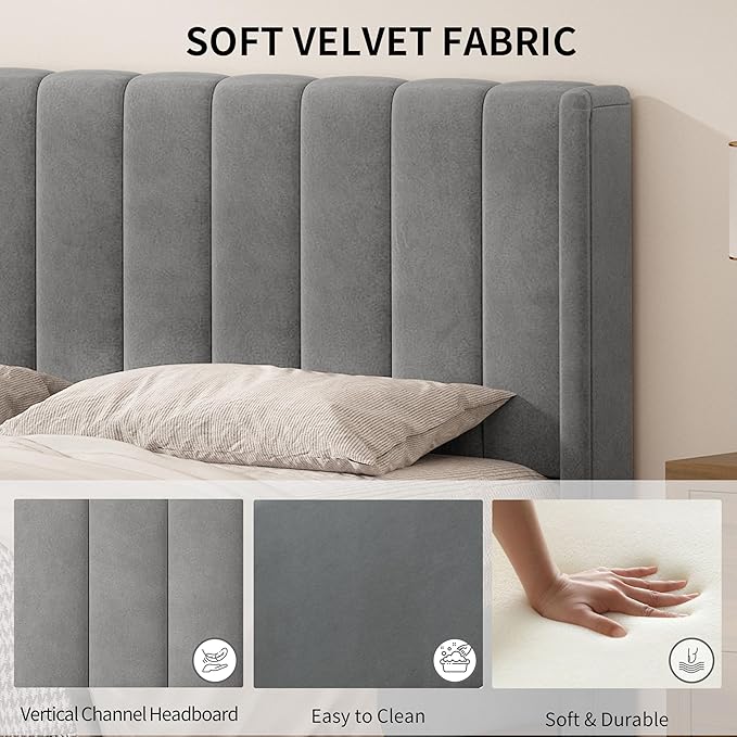 Twin Size Upholstered Platform Bed Frame with Modern Wingback & Vertical Panel Headboard, Velvet Fabric, Wooden Legs & Slats Support, No Box Spring Needed, Noise-Free & Easy Assembly, Grey