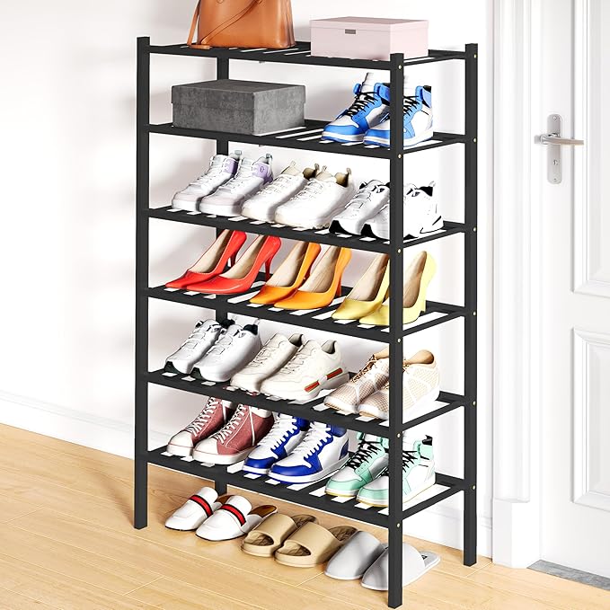 Smiry Shoe Rack, 6 Tier Bamboo Shoe Organizer, Stackable Free Standing Wooden Shoe Storage Shelf for Closet, Entryway, Front Door Entrance, Black