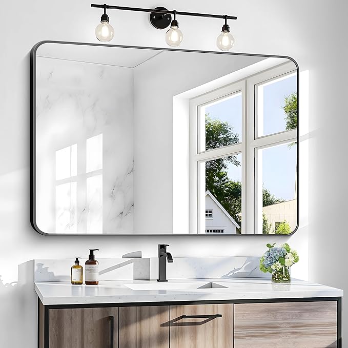 BONEWEI 36x48 inch Bathroom Mirror,Black Rectangle Mirror,Wall Mounted Bathroom Frame Vanity Mirror with Round Corner for Bedroom Living Room, Entryway Hangs Horizontal or Vertical