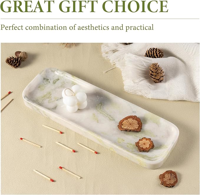 Koville Marble Tray for Bathroom Sink, 12"x4" Natural Stone Vanity Tray for Kitchen Dresser Countertop, Rectangular Decorative Marble Tray for Jewelry Perfume Trinket(Bianco Palomino)