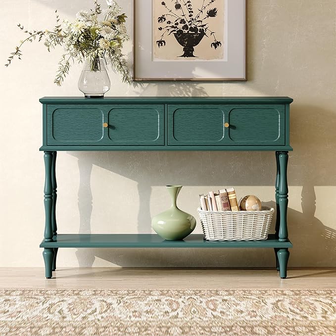 ARTPOWER Mid-Century Console Table for Entryway with 2 Drawers, Green Retro Entryway Table with Storage Cabinets and Open Shelf, Narrow Long Couch Table Behind Sofa for Living Room, Foyer, Hallway