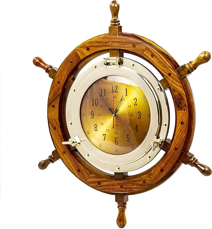 Nagina International 24" Exclusive Pirate's Nautical Ship's Steering Wheel Styled Porthole Clock | Lavish Wall Decor Gifts & Collectible